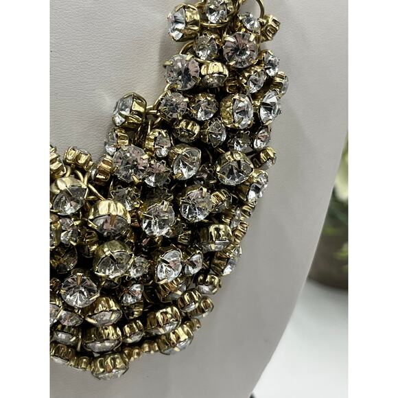 J. Crew Antique Gold Tone Prong Set Rhinestone Cluster Bib Statement Necklace - Picture 10 of 13